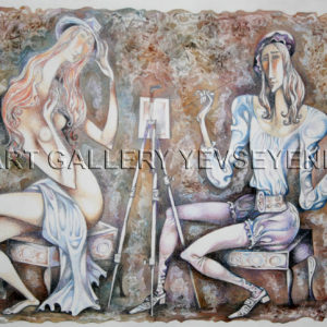 6105 Artist and his model, Original painting in acrylic, watercolor, coloured pencils on paper, Art gallery Yevseyenko