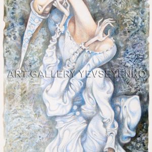 6113 Sad Pierrot, Original painting in acrylic, watercolor, coloured pencils on paper, Art gallery Yevseyenko