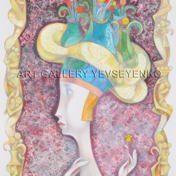 6115 Girl with a yellow flower, Original painting in acrylic, watercolor, coloured pencils on paper, Art gallery Yevseyenko