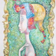 6117 Girl with a red bird, Original painting in acrylic, watercolor, coloured pencils on paper, Art gallery Yevseyenko