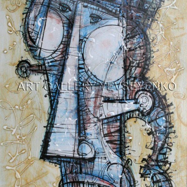 6140 Man with a little braid, original painting in acrylic, ink and varnish on paper, Art gallery Yevseyenko