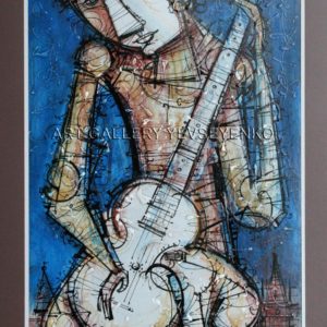 6141 Playing guitar, original painting in acrylic, ink and varnish on paper, Art gallery Yevseyenko