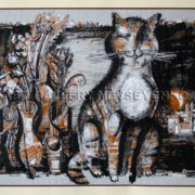 6208 Country cat, original painting in ink, watercolor on paper, art gallery yevseyenko