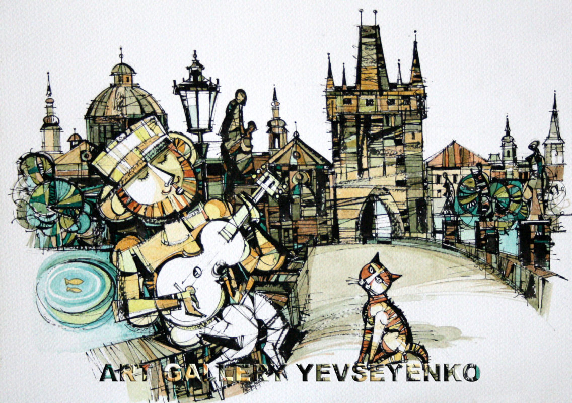 6226Musician with a cat, Original painting in watercolour and ink on paper, Art gallery Yevseyenko