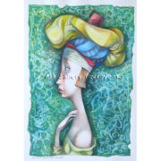 6398 Girl wearing a turban, Original painting in acrylic, watercolor, coloured pencils on paper, Art gallery Yevseyenko a